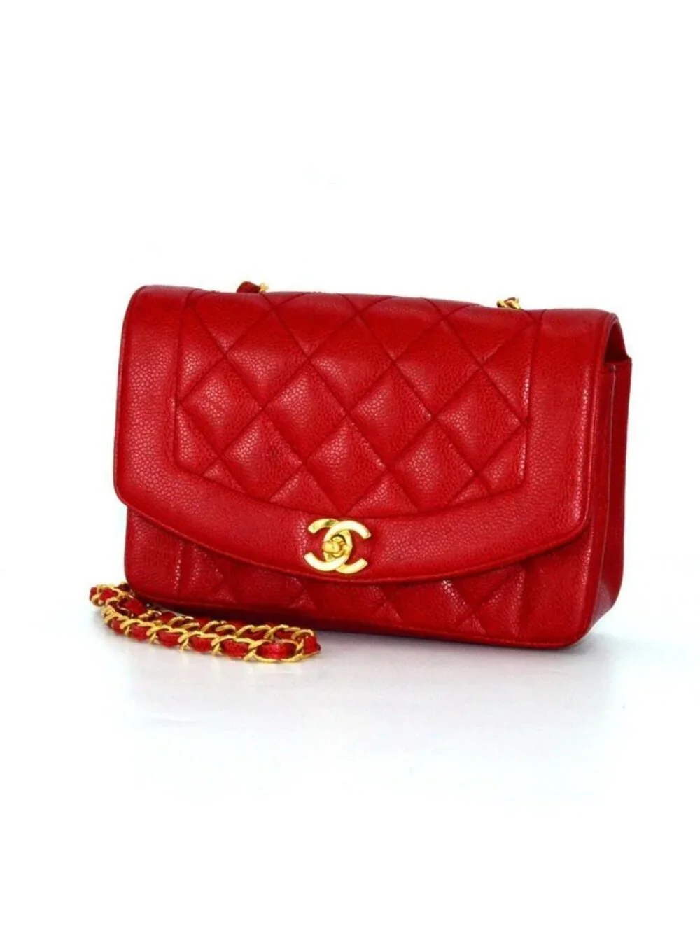 Chanel Quilted Diana 22 Chain Shoulder Caviar Leather Red Flat